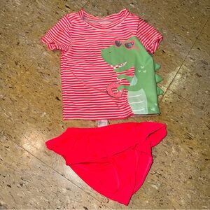 Baby Girl CARTER’S Pink White Green Dino 2 Piece Bathing Swim Suit Sz 12m EUC